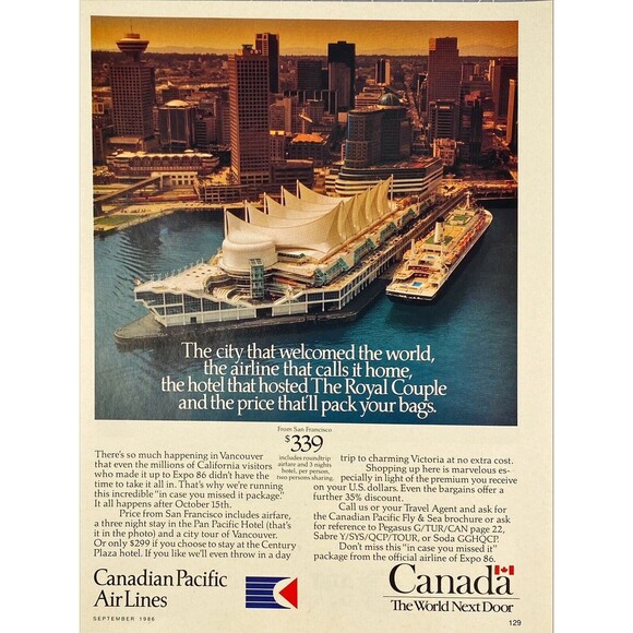 Canadian Pacific Air Lines Picture Vancouve Shore and Cityline VTG Print Ad 1986 - Picture 1 of 5